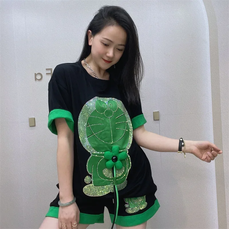 2024 New Summer Women Two-piece Set Cartoon Hot Drilling Loose T-shirt Short Sleeve Top + Casual A-line Shorts Female Suits