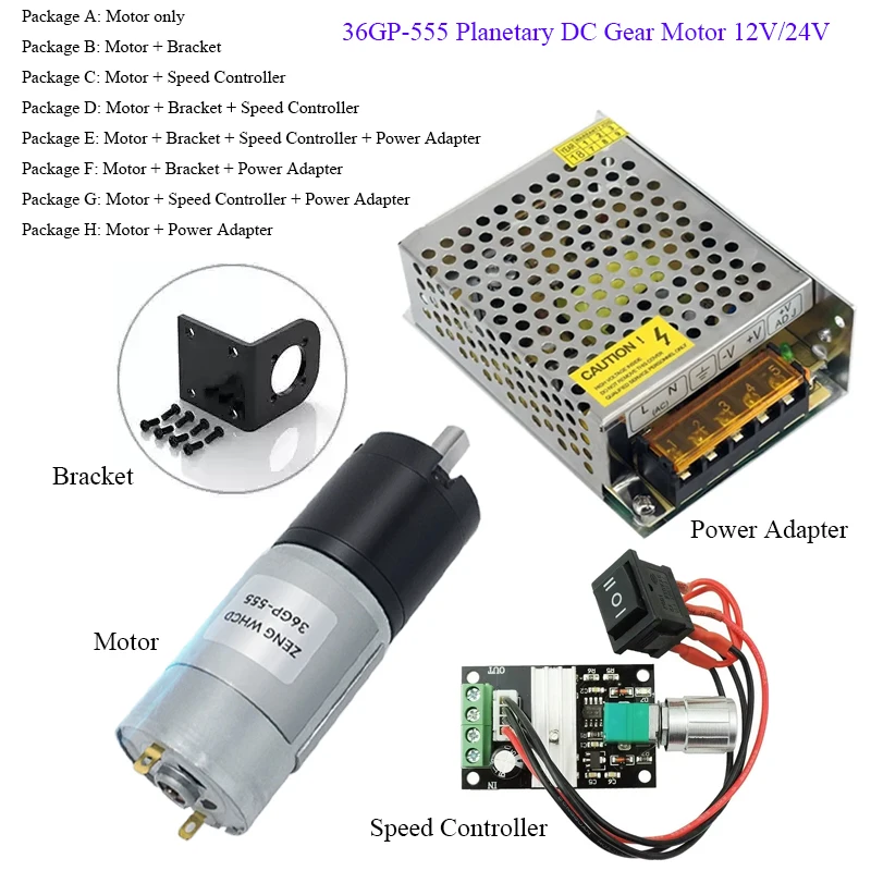 36GP-555 Planetary DC Gear Motor, 12V/24V 555 Geared Motor, 11–2160 RPM Low-Speed, High-Torque, Speed-Controlled Micro 555 Motor