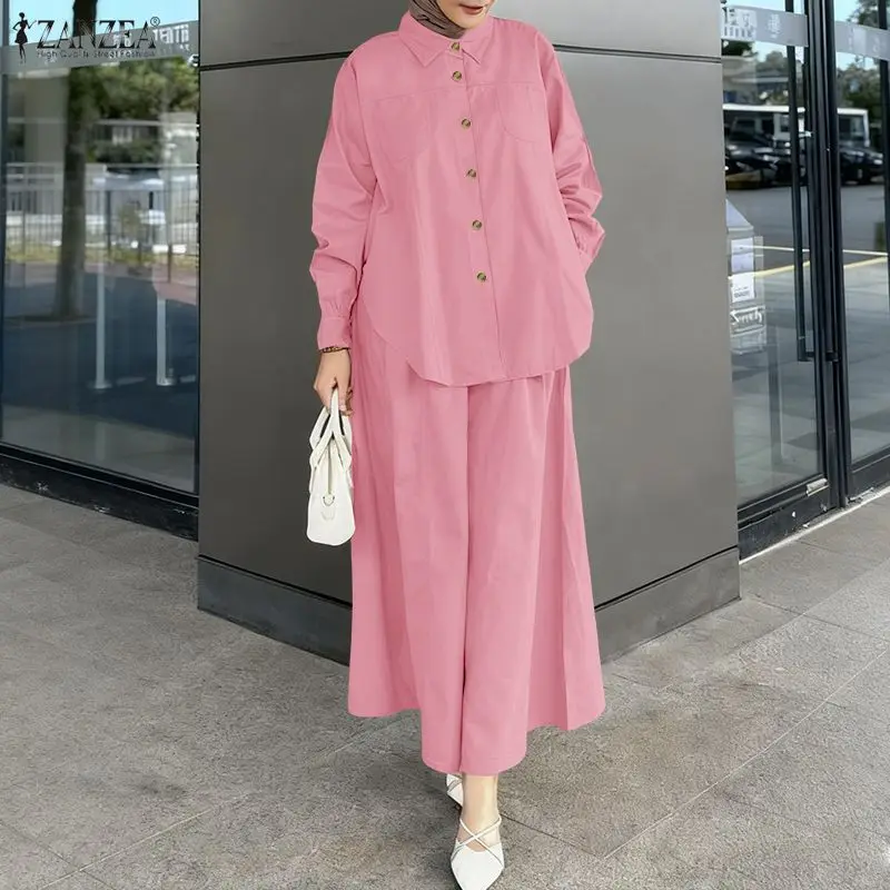 Muslimische Damen-Rockanzüge, übergroße Langarmhemden und Maxiröcke mit elastischer Taille, 2-teilige Sets, ZANZEA, islamisches Hijabi-Outfit