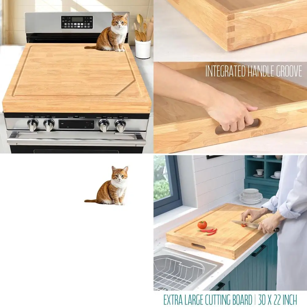 

3-in-1 Kitchen Stove Cover: 30x22 Electric Stove Protector, Cutting Board, Ottoman Tray with Handles & Juice Groove