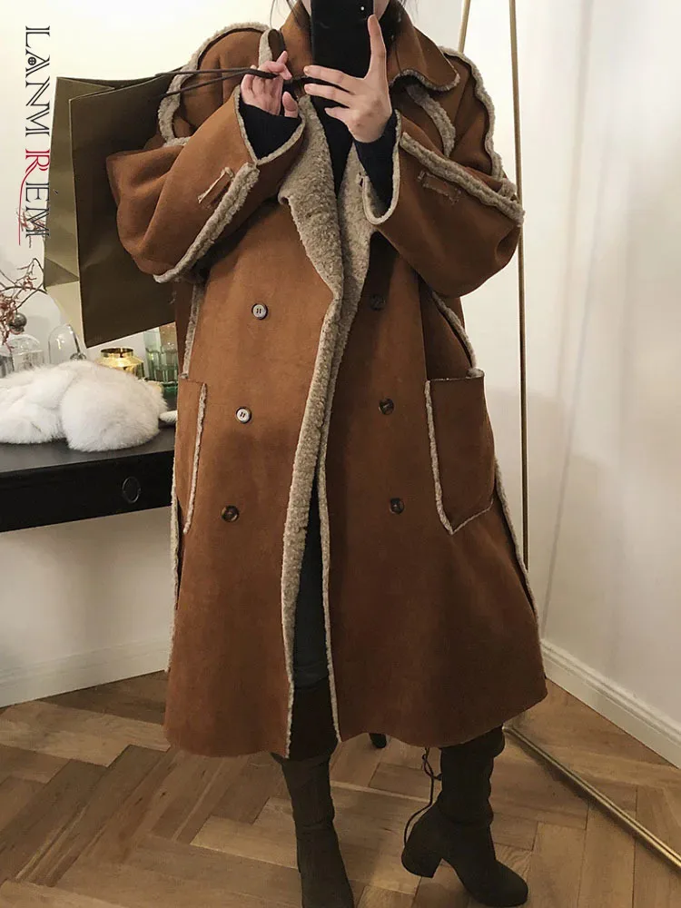 LANMREM Vintage Lamb Fur Warm Long Coat Women Lapel Irregular Single Breasted Two-sided Design Clothing 2023 Winter New 2AA4194