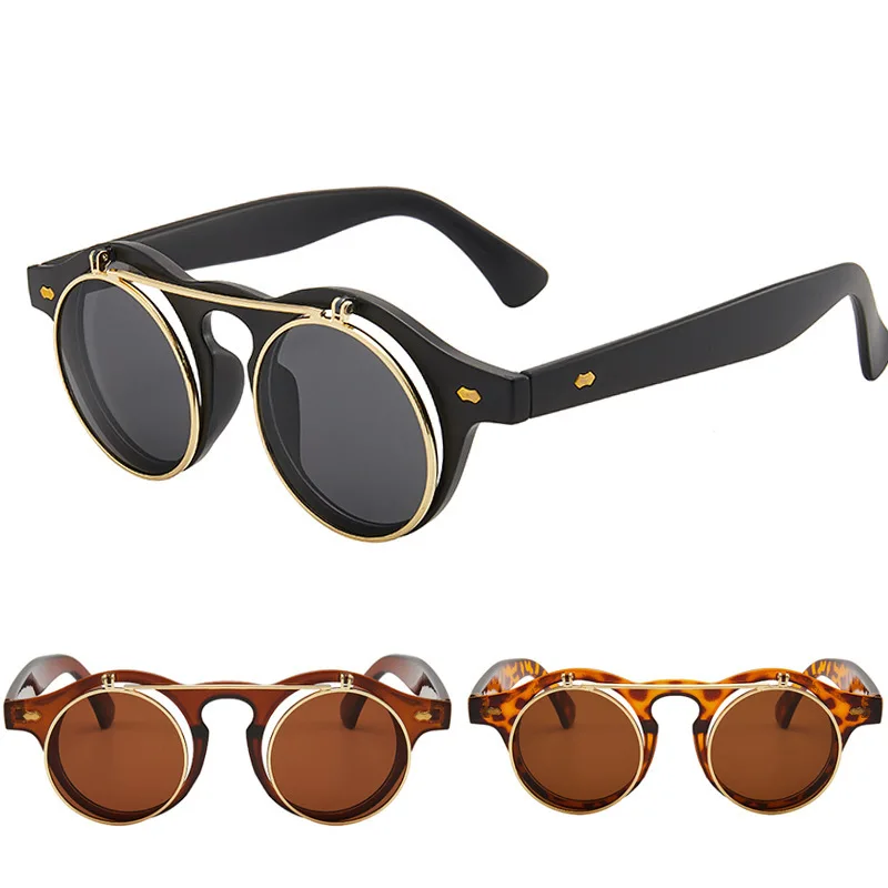 

BEGREAT Small Round Double Bridges Sunglasses for Men Women Retro Punk Vintage Flip Lens Shades UV400 Men Rivets Sun Glasses