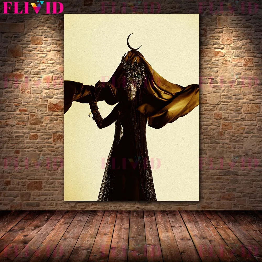 The Black Robed Witch And The Black Crescent Wall Art Canvas Painting Pagan Witch Art Poster Print Witchcraft Worship Decoration