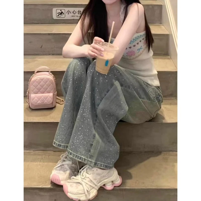 

Women's Y2K American Retro Design Glitter Denim Pants High Waist Loose Straight Leg Wide Leg Pants Street Style Trendy