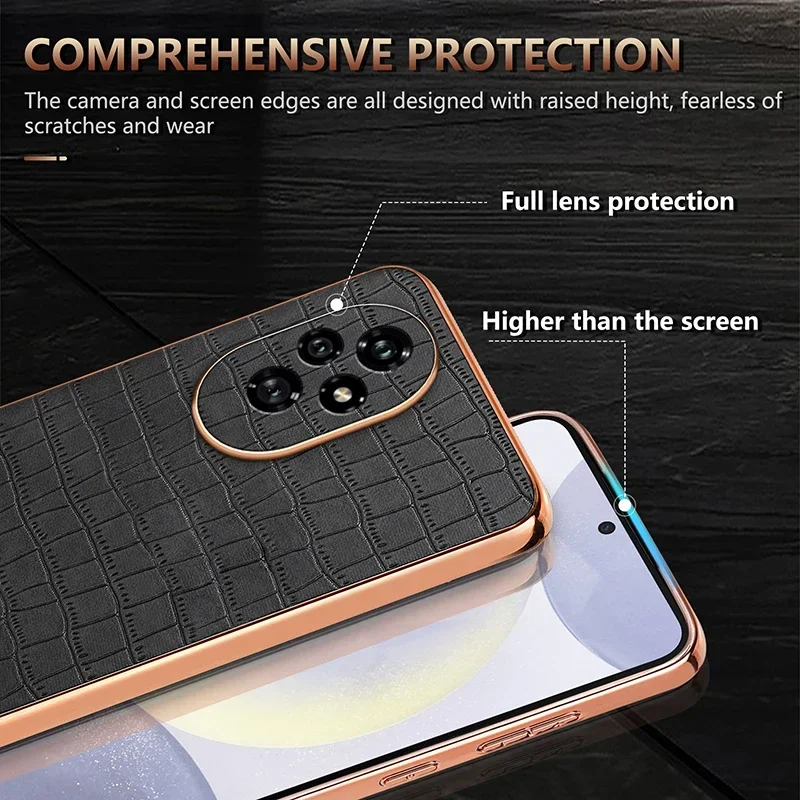Luxury Crocodile Pattern Leather Phone Case for Honor 90 100 200 Pro Lens Protective Shockproof Soft Back Cover