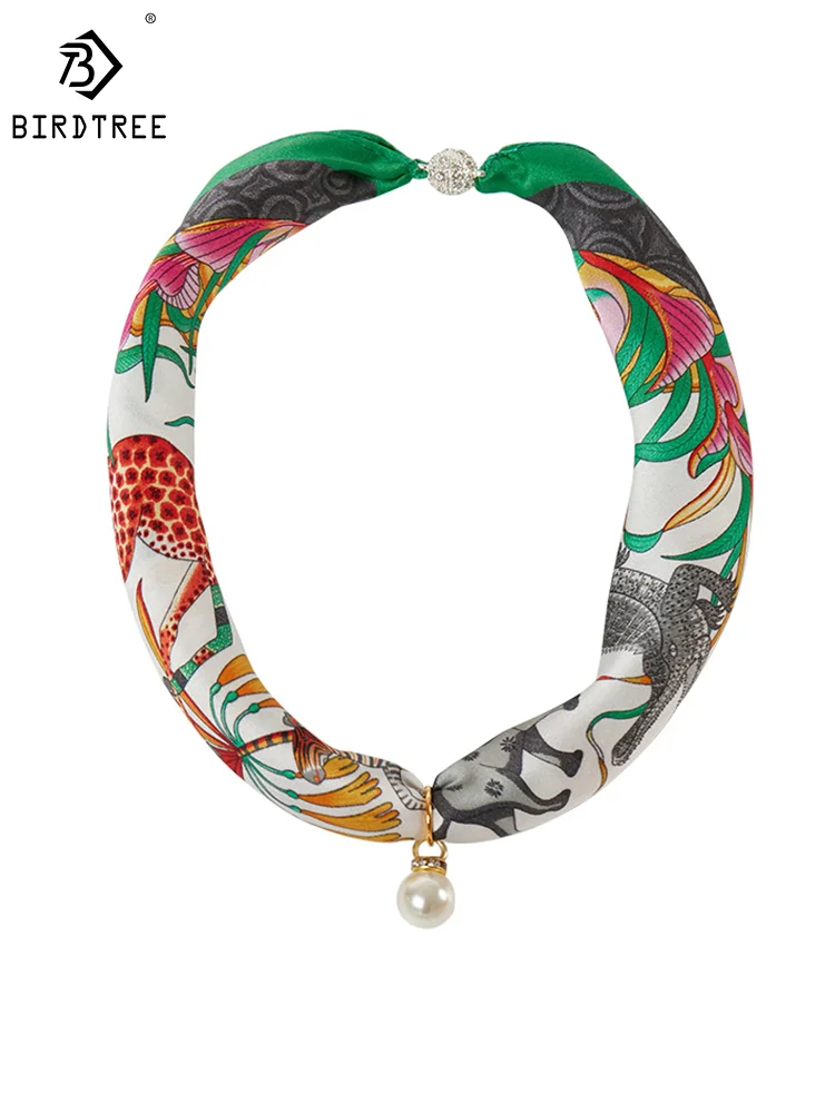 Birdtree Small Scarf Necklace, Women's Popular Silk Scarf Luxury and Versatile, Neck Protection Necklace A43913QM