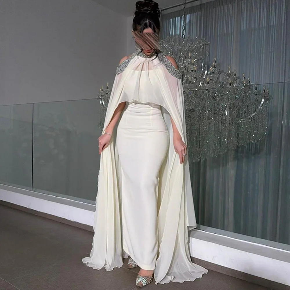 

High Quality Satin Sleeveless Celebrity Gowns with Shawl Elegant Mermaid Vestido De Festa Delicate Crystal Customized Prom Dress