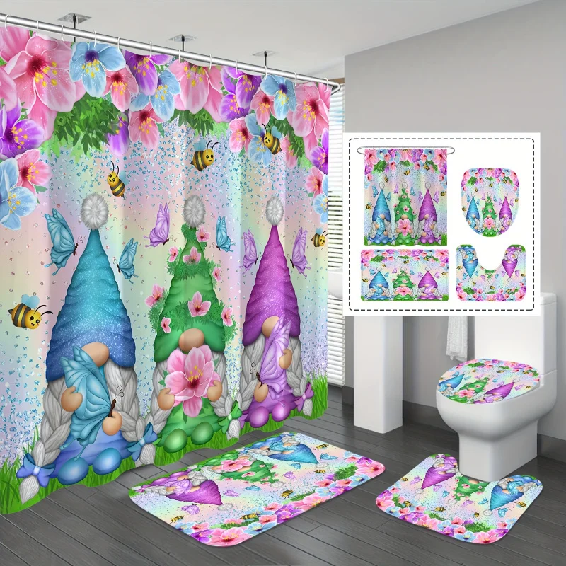 1/4pcs Glitter Gnomes Set, Colorful Flowers Bee Butterfly Shower Curtain with 12 Hooks, Non-Slip Bathroom Te