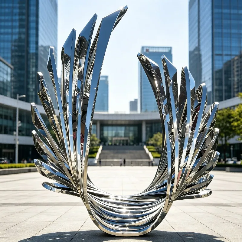 Mirror Polished Stainless Steel Feather Wing Sculpture Custom Metal Decor For Outdoor Luxury Villa Garden Plaza Landscape