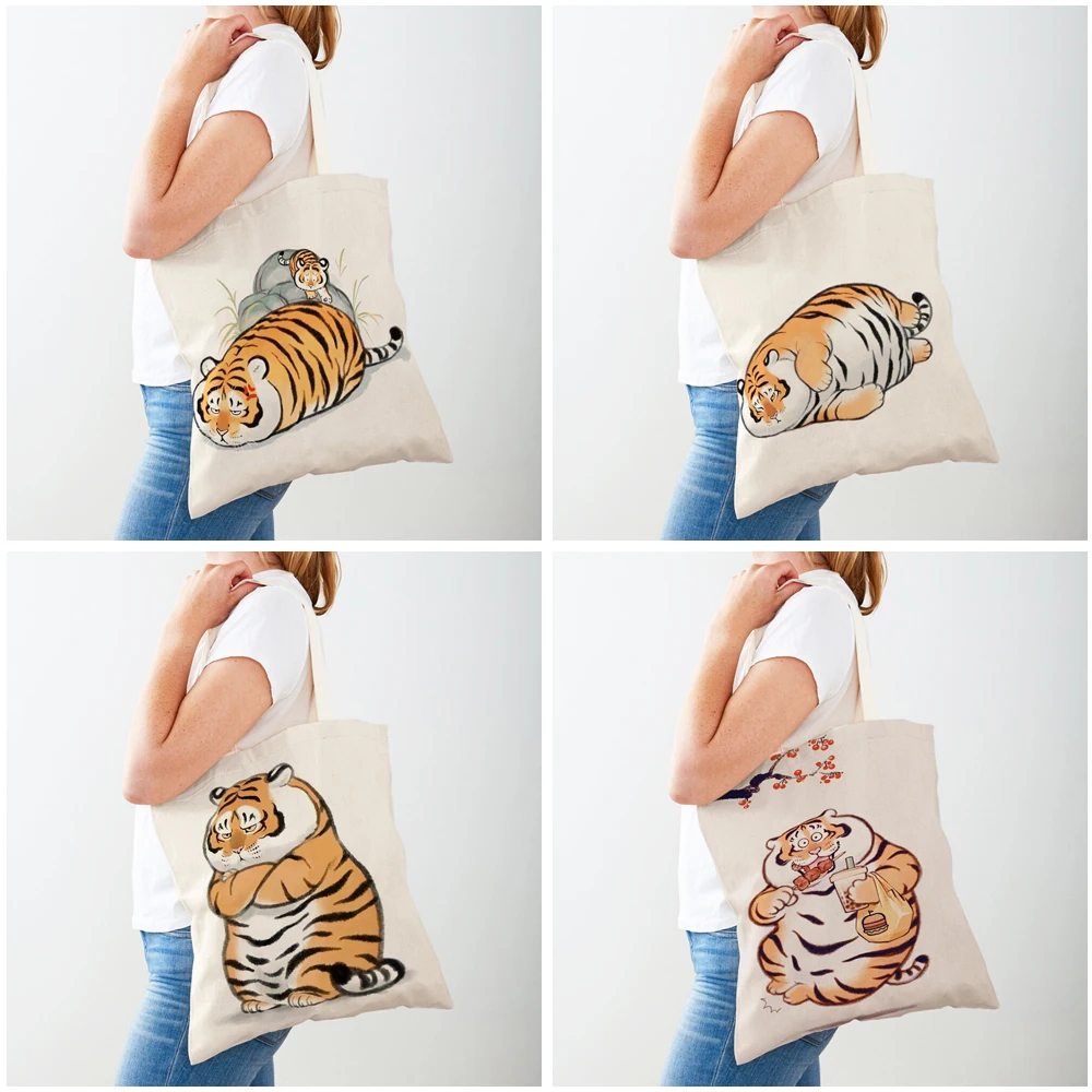 Funny Fat Tiger Women Shopping Bags Cute Cartoon Animal Both Print Canvas Foldable Shopper Bag Cloth Lady Tote Shoulder Handbag