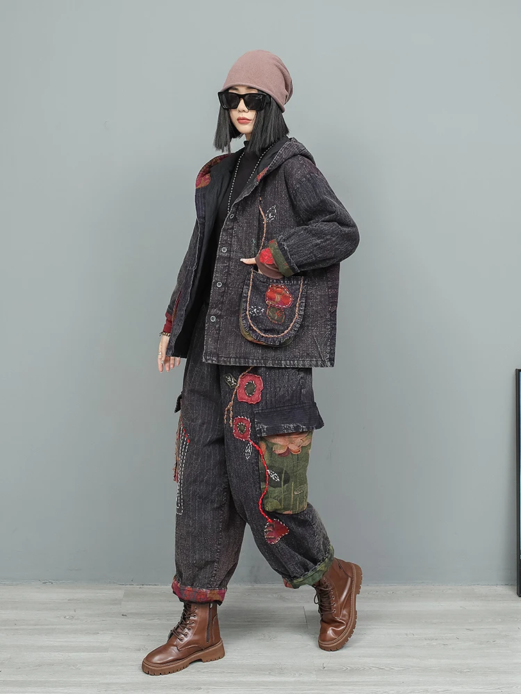 Heavy Industry Hand Embroidered Pant Set Women Cotton Old Cloth Hooded Coat + Straight Leg Pants Two Piece Set Winter LX2594