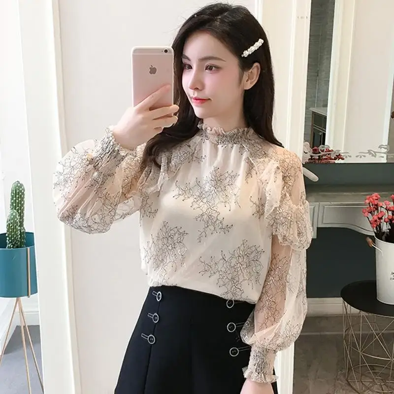 Women's Long Sleeve Chiffon Shirt Mesh Korean Bottoming Shirt Lantern Sleeve Spring and Summer Fashion Grace Women's Coat Top