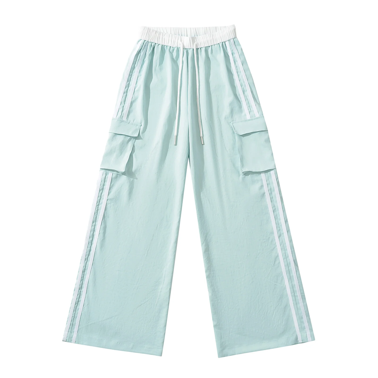 กางเกงทำงานลายทางสไตล์อเมริกันสำหรับผู้หญิง กางเกงลำลองทรงหลวมสำหรับฤดูร้อน กางเกงกีฬาขายาวทรงกว้าง กางเกงสีดำ สไตล์สาวฮอต