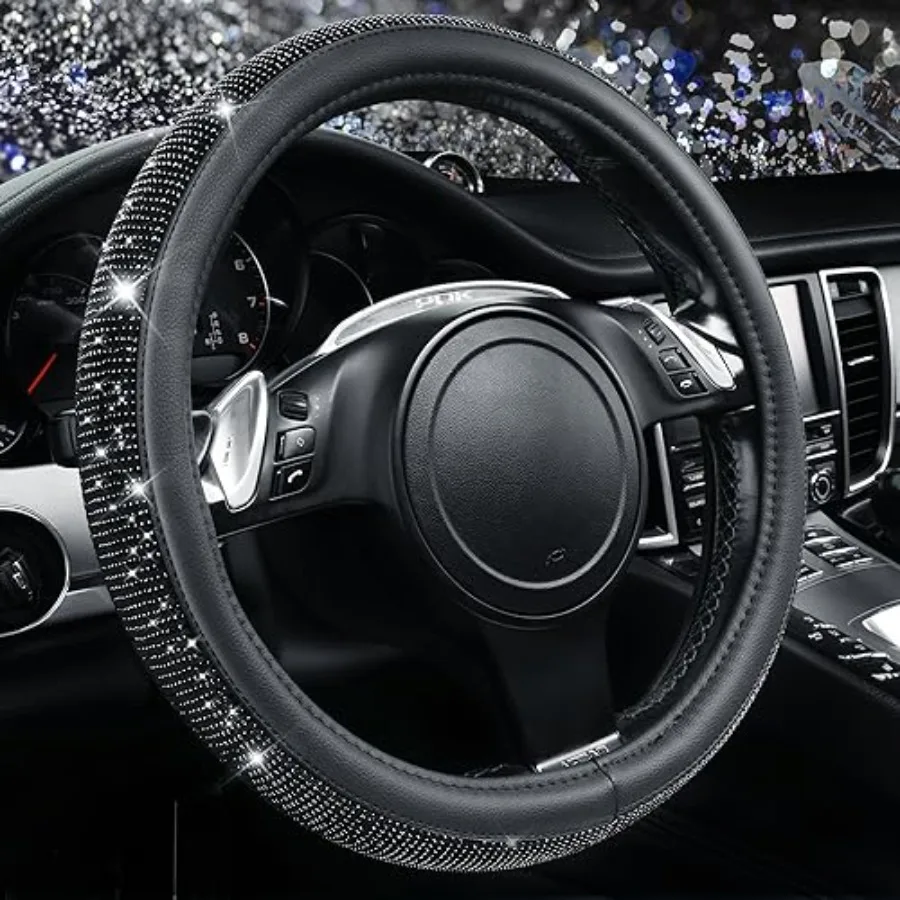 

Bling Diamond Leather Steering Wheel Cover, With Sparkly Crystal Glitter Rhinestones Universal Fit 14"1/2-15" Car Wheel Protect