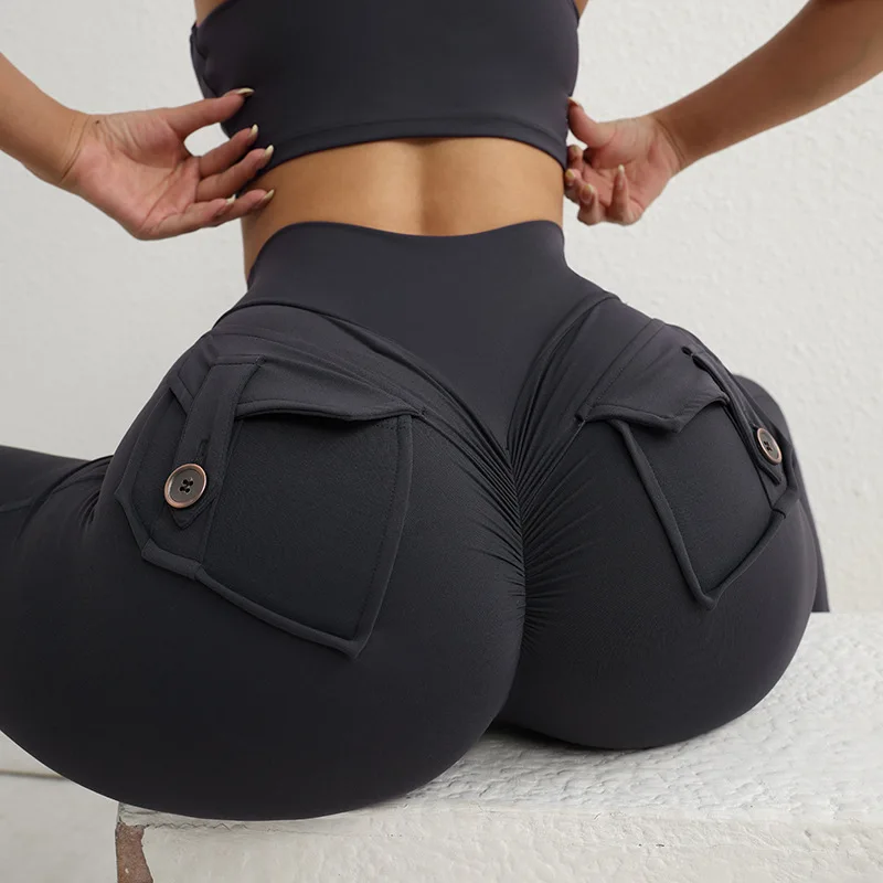 Women's High Waist Hip Lift Yoga Pants Women's Button Pockets Sports Leggings Peach Fitness Pants Cycling Tooling