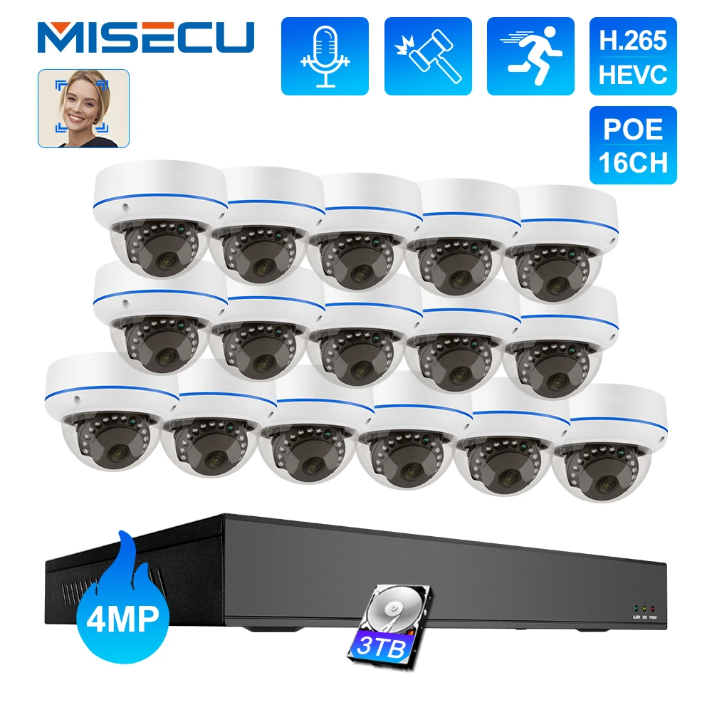 MISECU CCTV 16CH 4MP POE Camera Security System Face Detect Vandalproof Audio Record E-mail Alert Video Surveillance NVR Kit