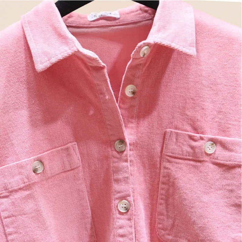 Pink Corduroy Cotton Polo-Neck Single Breasted Long Sleeve Women\'s Blouse Shirt Casual Female Clothing Tops Fashion 2024 Autumn