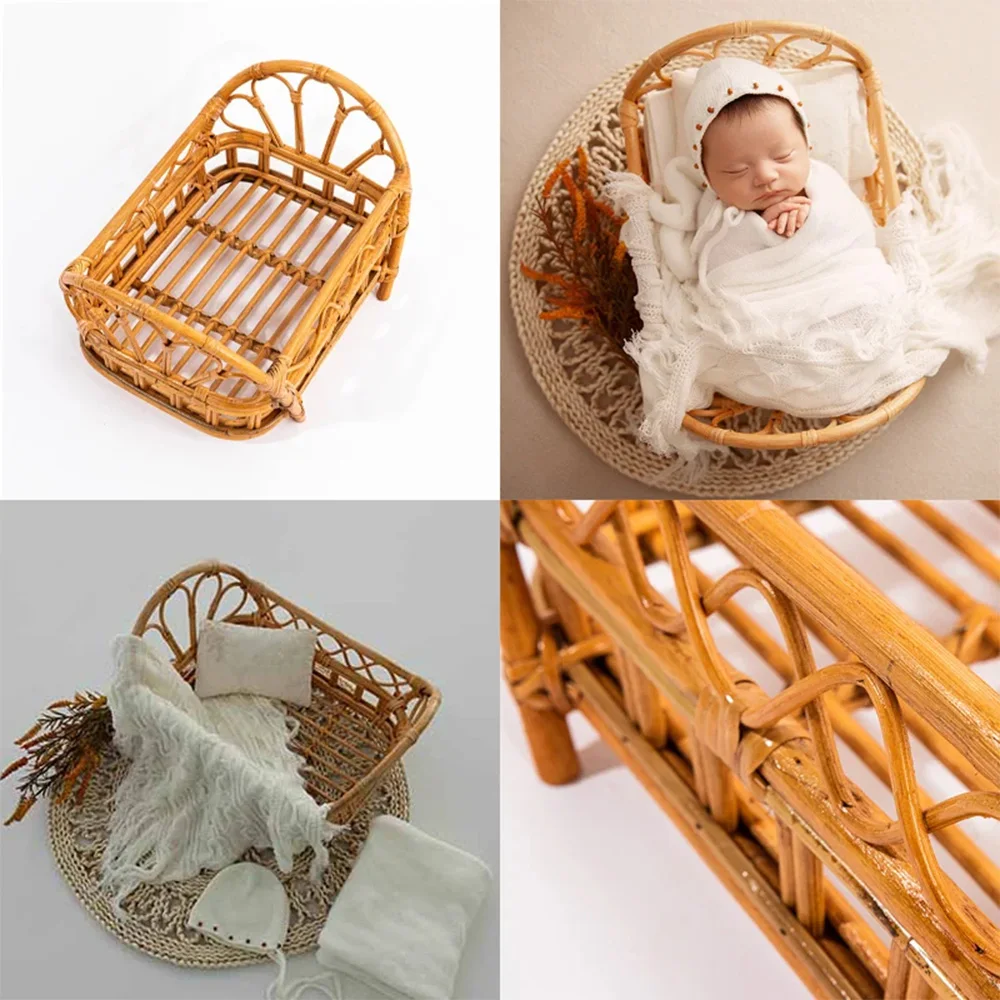 Vintage Rattan Chair For Newborn Photography Props Studio Infant Mini Bamboo Woven Small Bed And Baskets Photoshoot Accessories