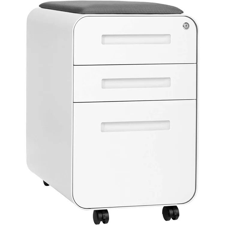 Curve Seated 3-Drawer Mobile File Cabinet with Removable Magnetic Cushion Seat - Metal Filing Cabinet, Pre-Assembled