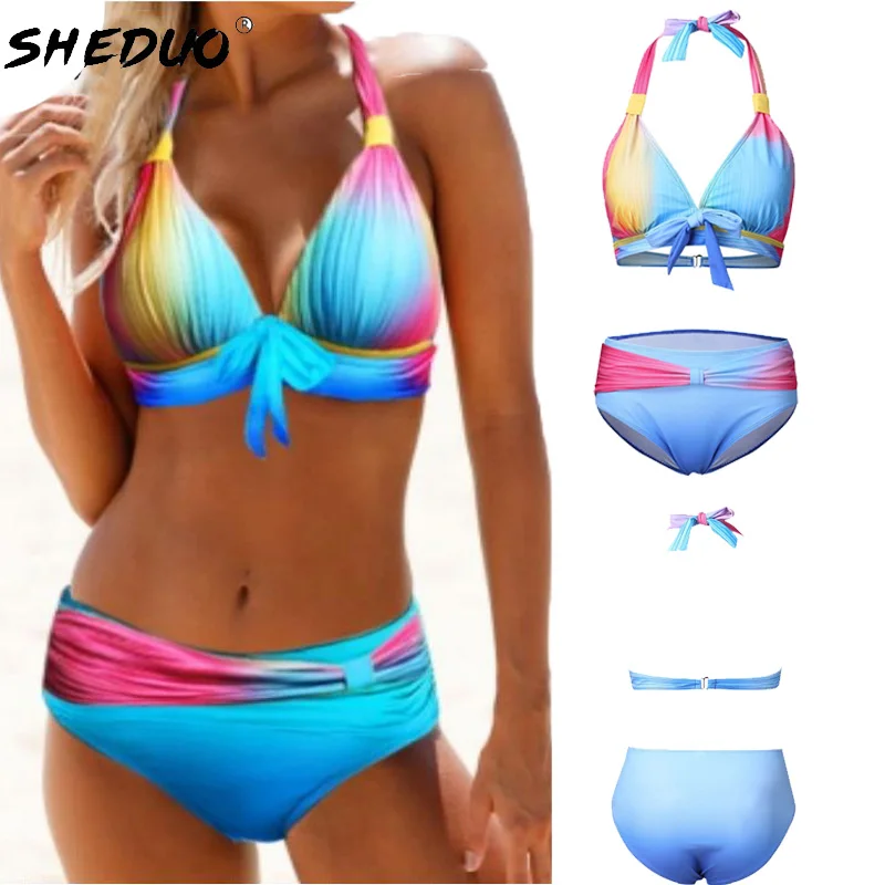 S-5XL Plus Size Neon Striped Bikini Set Push Up Women High Waist Halter Beach Swimwear Retro Bowknot Bathing Suit Swimming Suit