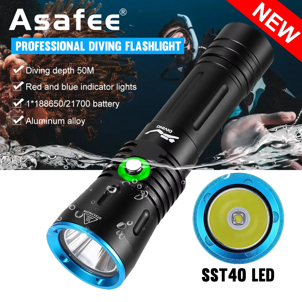 Asafee DA11 SST40 LED Professional Diving Flashlight 2000LM Super Bright Scuba Torch Use 21700/18650 Battery Light Lamp