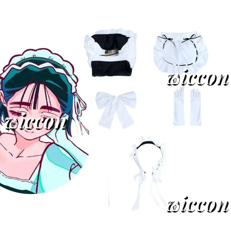 MN1 Sua Maid Cosplay disfraz peluca alienígena escenario Cosplay disfraz micrófono vestido blanco sombreros peluca corta negra Sua Cosplay Dre9 * Jy