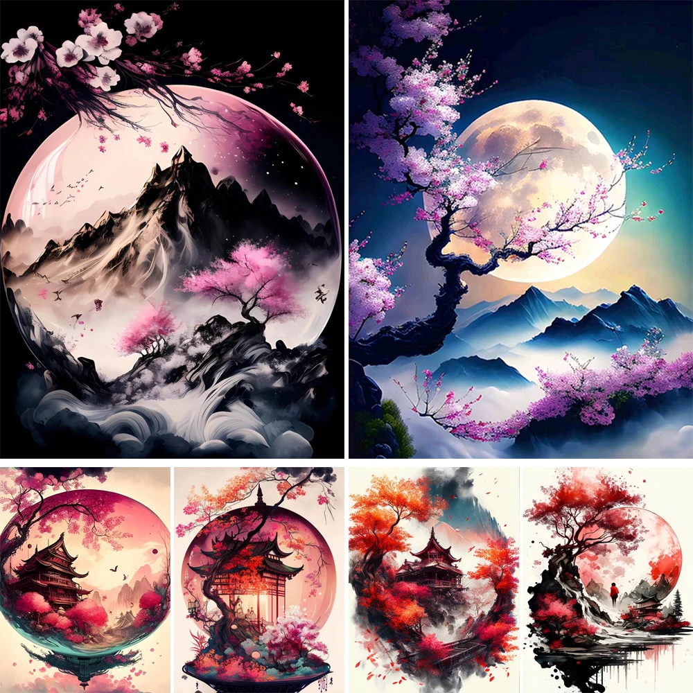 5D Diy elmas nakış kiraz çiçekleri ve ay elmas boyama Needleworks çapraz dikiş Needleworks ev dekor J3480