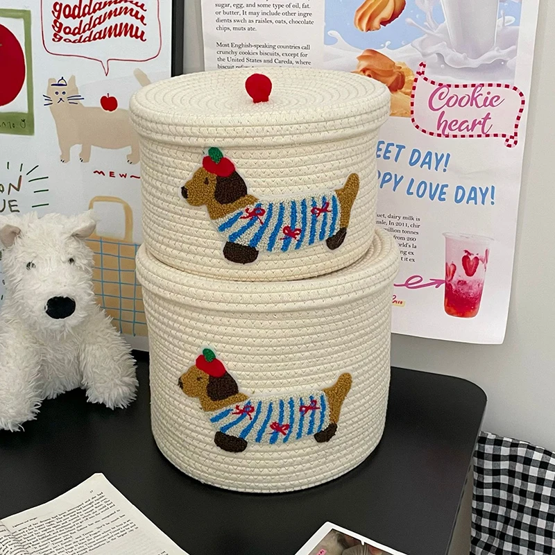 With Lid Dustproof Storage Bucket Desktop Dustproof Cute Puppy Storage Basket Woven Cotton Rope Frame Large Capacity