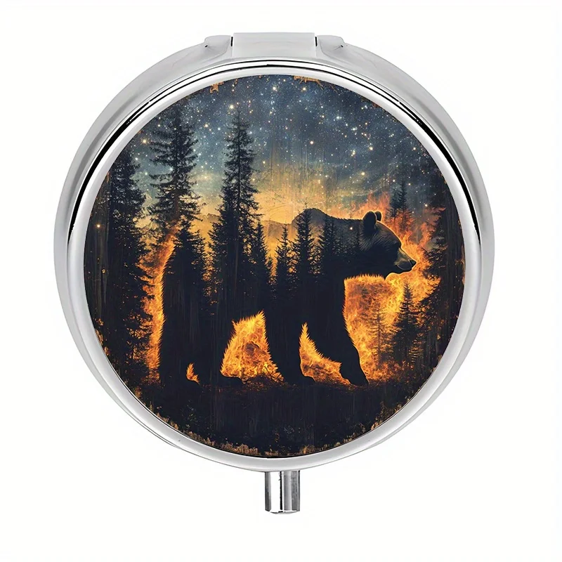 Single-piece, flat, round three-compartment pill box, flame forest bear circular pattern design, personal pill box, metal mini pill storage box, luxurious and high-end, can be used as a practical gift for a girlfriend, made of metal