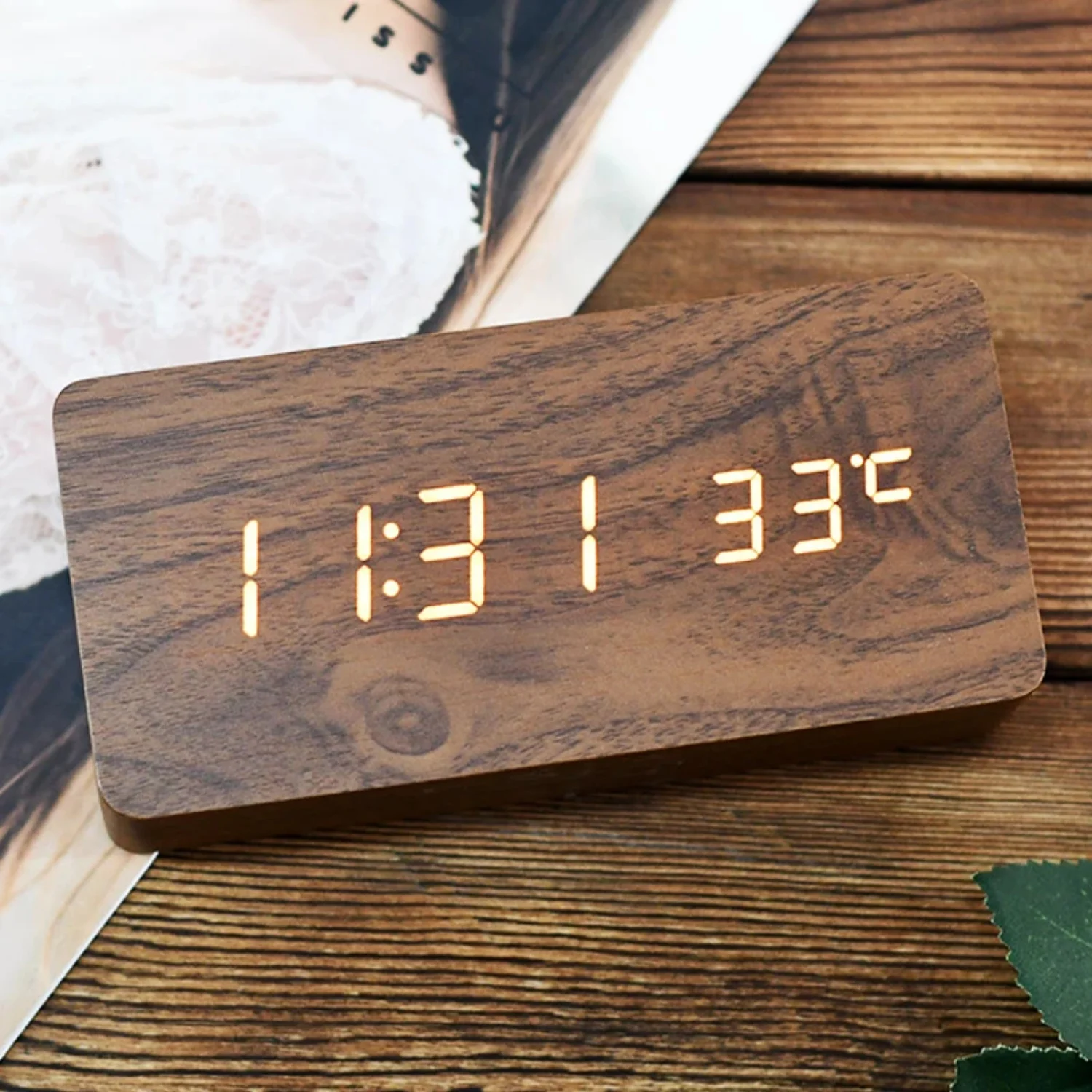 Wooden Square  Smart Alarm Clocks  Bedrooms, Digital Bedside Clock with Temperature, Voice Control, Desktop Clock