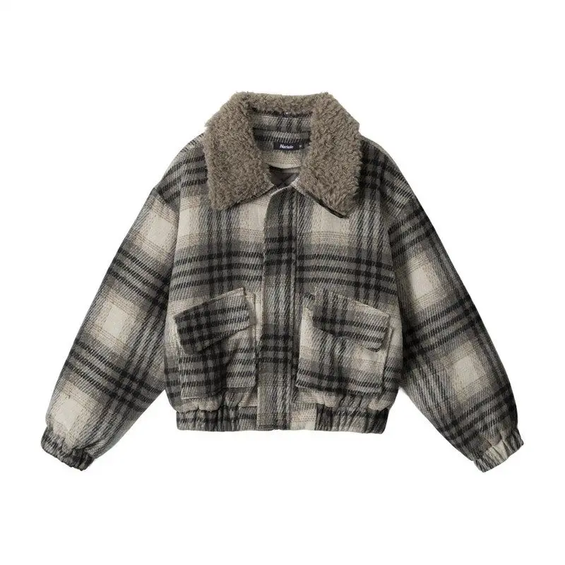 เสื้อโค้ทผ้าฝ้ายสำหรับผู้หญิง HeyHenry Thiened Lamb แต่งปกขนแกะ  บุซับในอุ่น  แบบมีซิป  ลายสก็อต