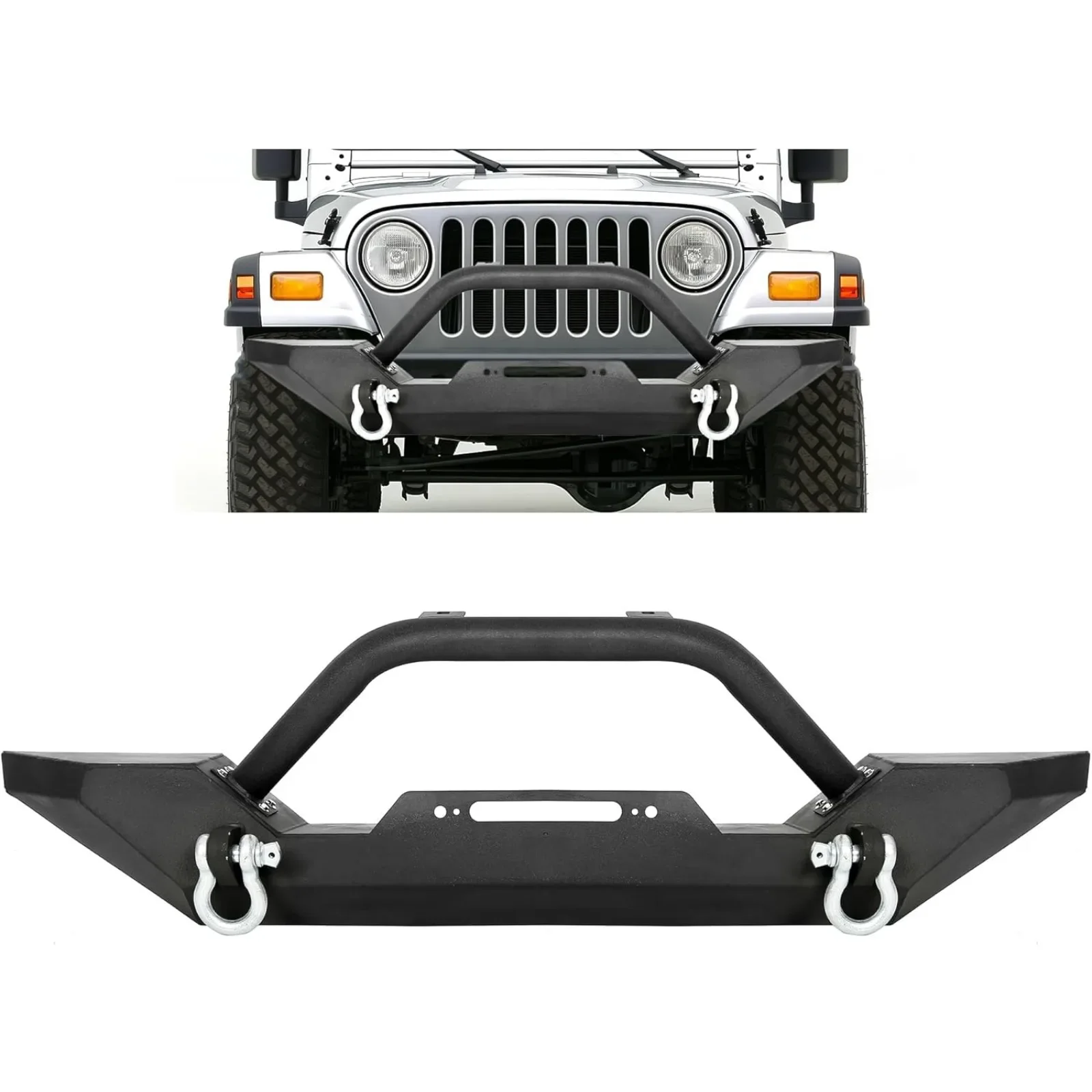 US  Front Bumper Compatible with 1986-2006 Jeep Wrangler TJ YJ with Winch Plate D-Ring Black Rock Crawler Heavy Duty