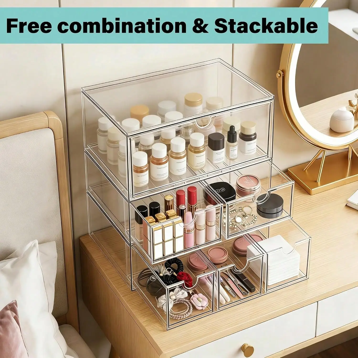 16 Drawers Acrylic Makeup Organizer, 4 Set Clear Desk Storage Drawers, Dustproof Desktop Organizer for Office Supplies, Jewelry, Pens & Cosmetics, Countertop