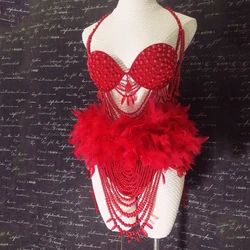 White Red Full Pearls Fur Bodysuit Sexy Pole Dance Bikini Women Stage Performance Wear Festival Outfit Drag Queen Costume XS5938