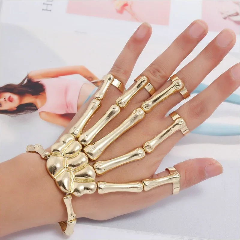 Gothic Punk Skull Hand Bone Multifunctional Five Finger Ring Bracelet Adjustable Single Chain Bracelet Halloween Bracelet Unisex