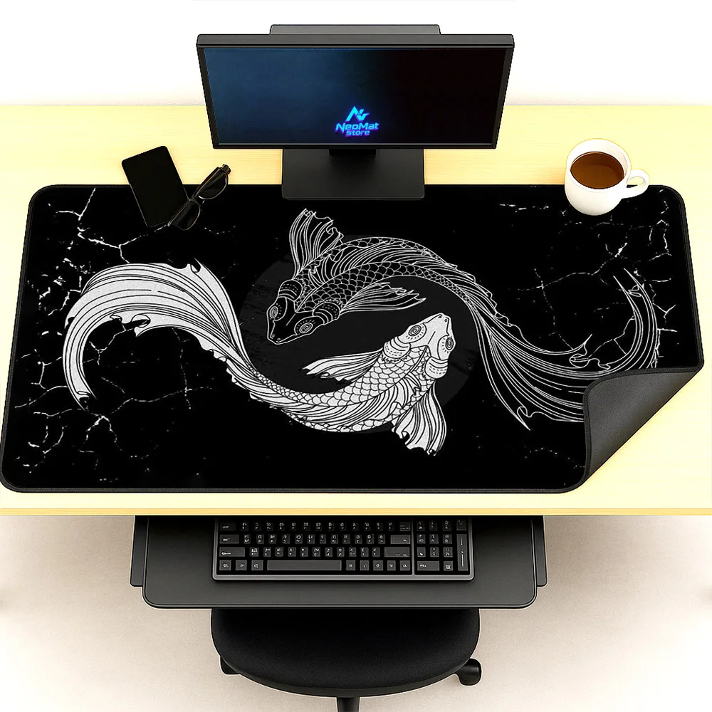 Fish Mouse Pad Koi Deskmat 1200x600 Mousepad Xxxl Japan Pc Mats Black White Gaming Room Decoration Carpet Desktop Accessories
