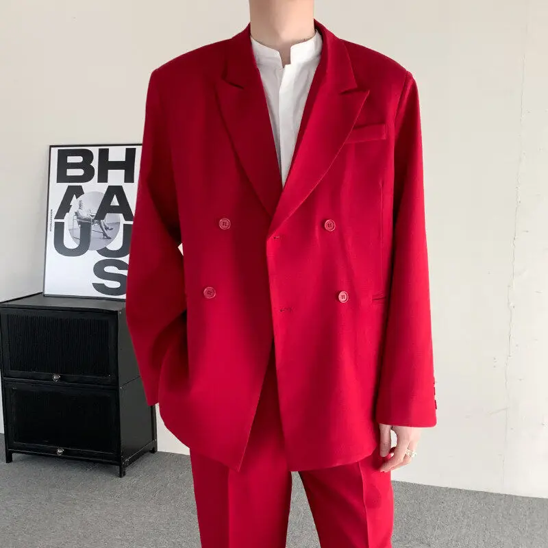 

Красный двубортный костюм-двойка в корейском стиле для свадьбы и помолвки, мужской, повседневный, из полиэстера, стандартный крой, весна-осень