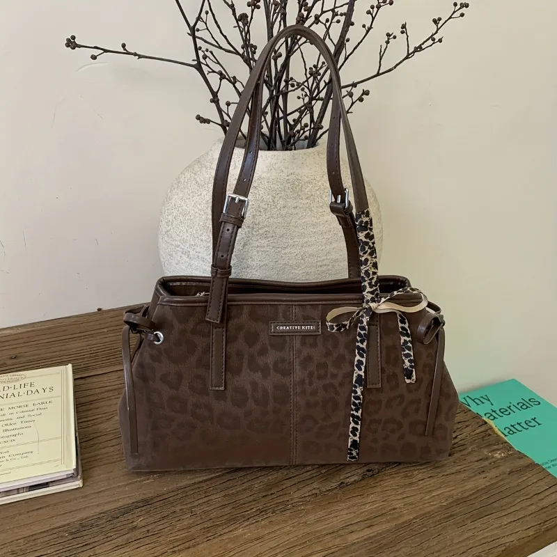 

VintageLeopard Print WomenShoulder Bag Soft Leathe with Scarf Top Handle Dual Use Crossbody Handbag for Daily Work Commute Party
