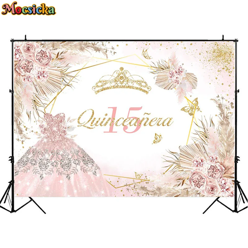 Quinceanera Princess Backdrops For 15th Sweet Girl Birthday Photocall Pink Flowers Pampas Grass Decor Banner Photo Background