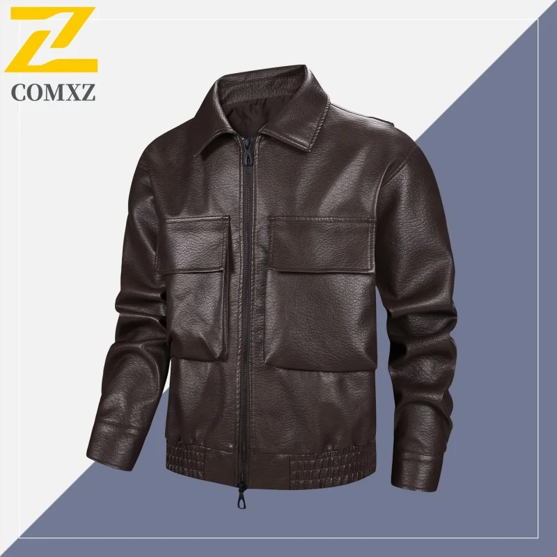

COMXZ Мужская кожаная куртка премиум-класса, новая мода, ветрозащитное пальто для путешествий на открытом воздухе, повседневная удобная верхняя одежда с отложным воротником ​