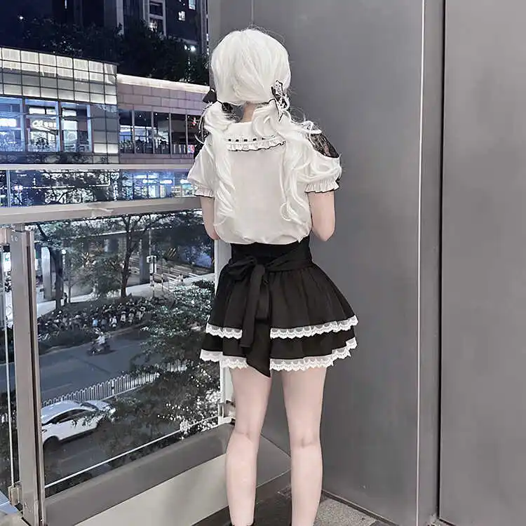 Original japonês minas estilo produzido em massa arco boneca colarinho manga curta único breasted doce versátil camisa superior feminino verão