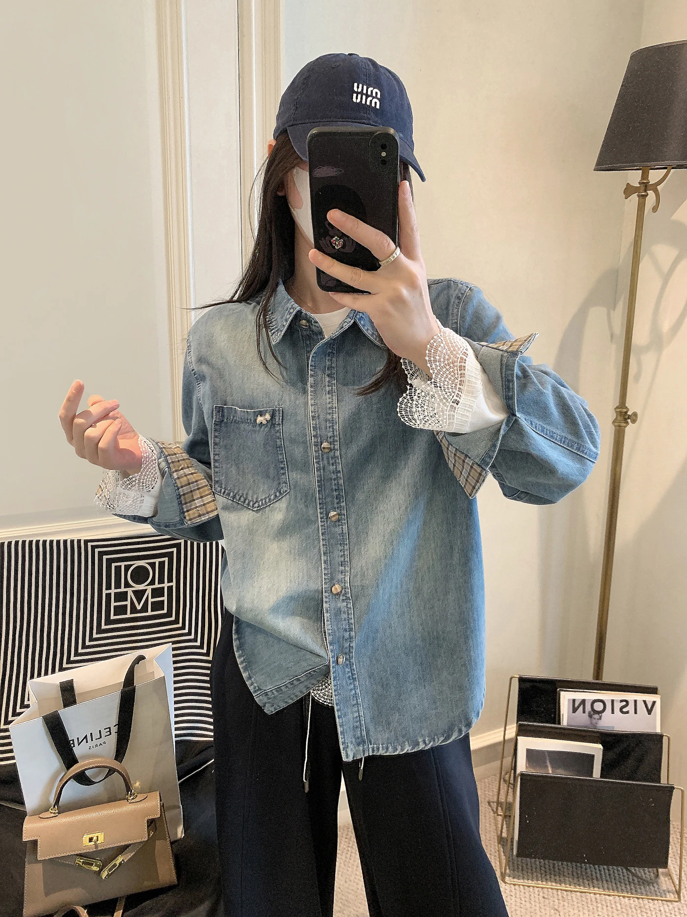 

Women's Denim irt Spring 2026 Collar Patchwork Plaid Breathable Comfortable Long Sve Korean Sle Faionable Top