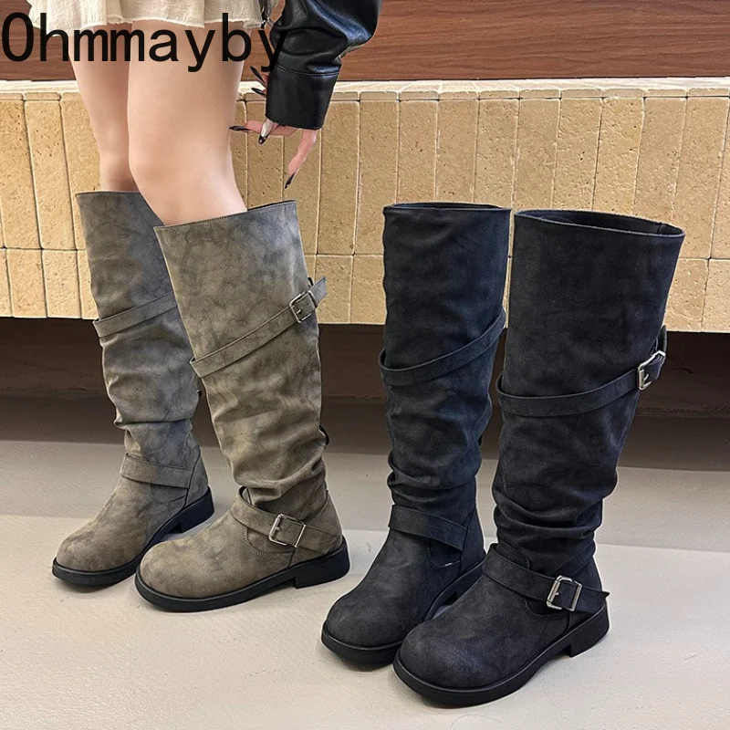 New Women Suede Knee High Boots Round Toe Low Heel Double Metal Buckle Shoes Retro Autumn Winter Ladies Daily Long Booties