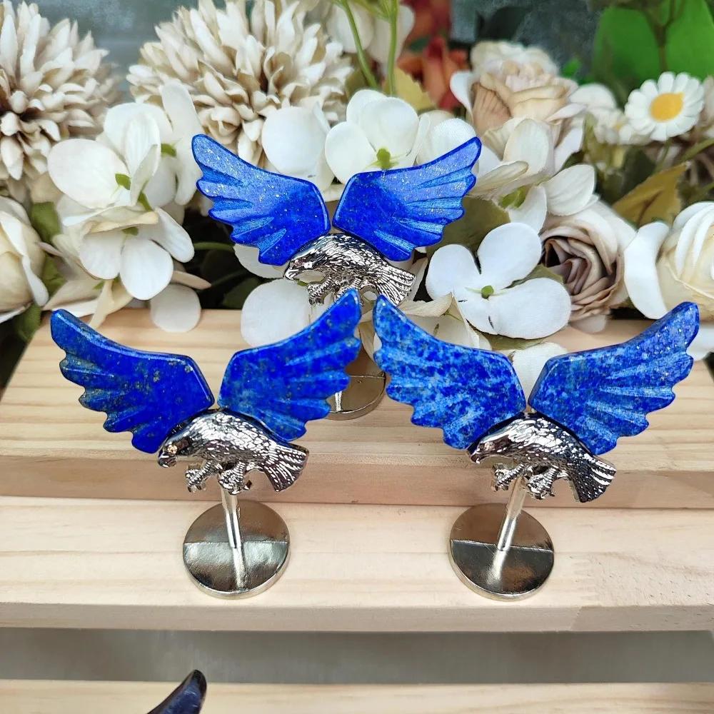 Natural Crystal Eagle Wing Ornament with Stand, Tiger Eye, Apatite, Lapis Lazuli, Prehnite,Lolite