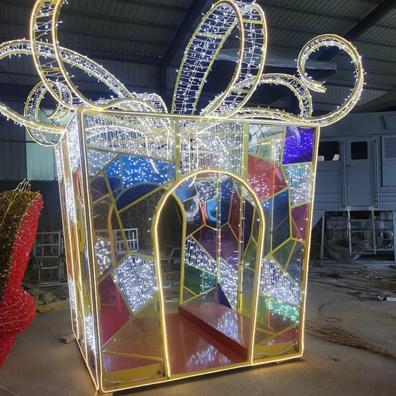 Shopping mall real estate clock in ornaments, colorful acrylic gift box shaped arch, creative decorative sketches
