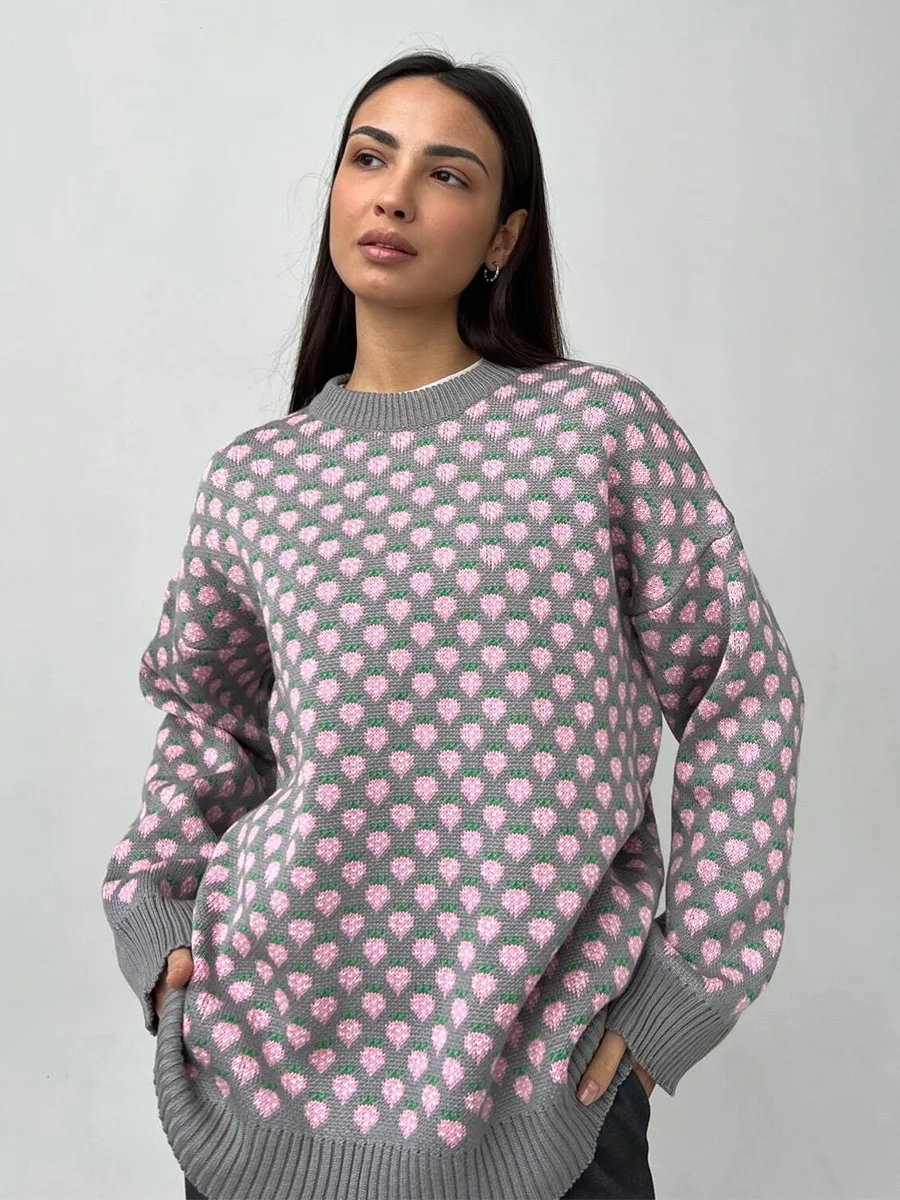 Yaminiya Mode Herfst Dames Aardbei Jacquard Trui Ronde Hals Trui Lange Mouwen Gebreide Trui Losse Gedrukte Trui