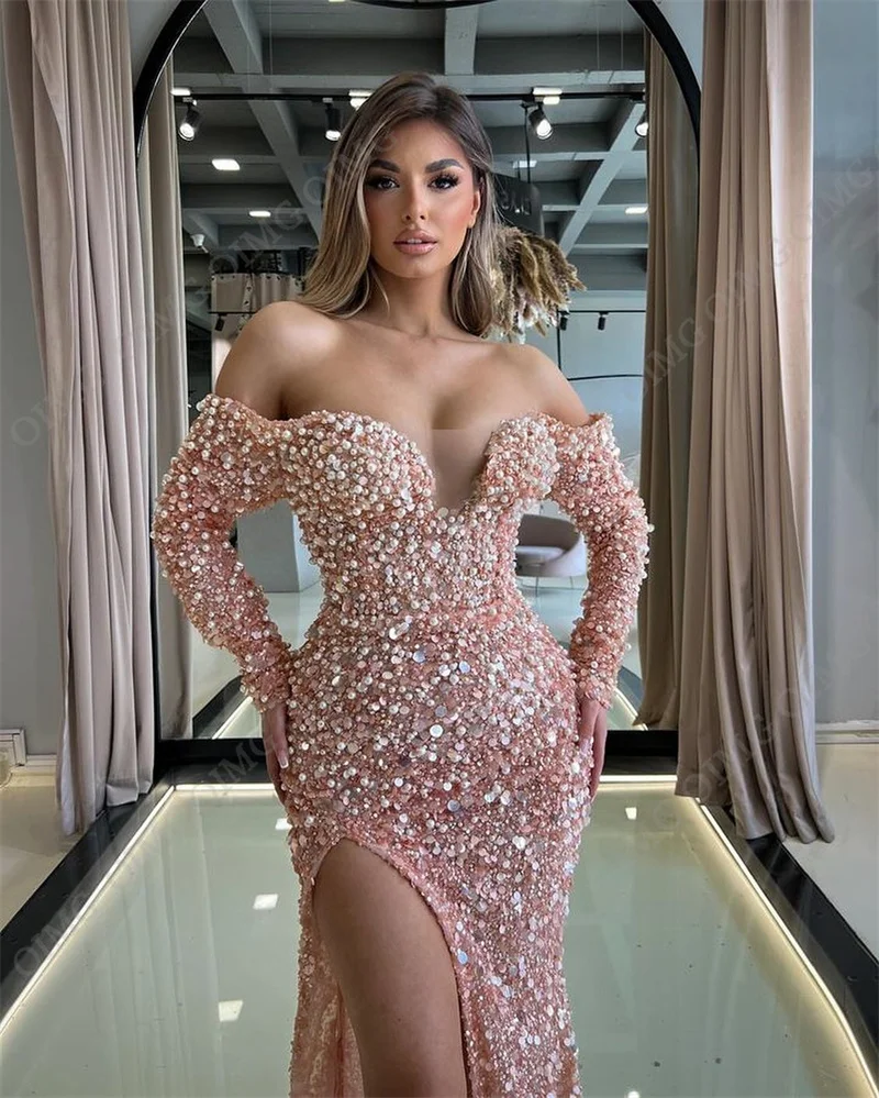 Sparkly Sequin Pink Mermaid Evening Dresses Off Shoulder Long Sleeves Applique Arabic Women Formal Plus Size Prom Gowns Custom