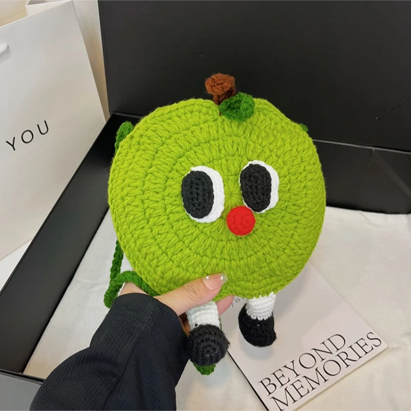 Handmade Woven Bag for Women Woolen Shoulder Crossbody Bag Cute Knitted Cartoon Young Girl Crochet Fruit Apple Mobile Phone Bag