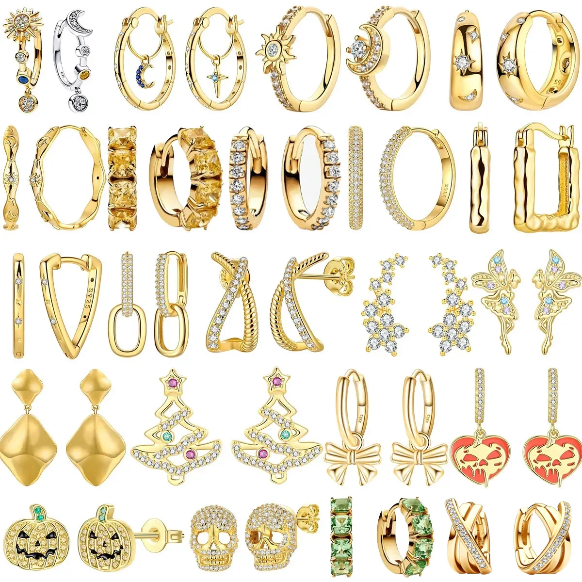 

Sparkling 925 Sterling Silver Golden Hoop Earrings Pumpkin Skull Christmas Tree Ear Stud Halloween Earring For Women DIY Jewelry