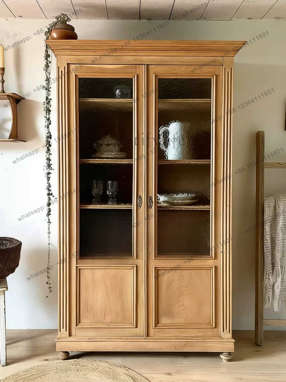 French solid wood dining room double door glass side cabinet American oak living room retro storage simple storage wine cabinet